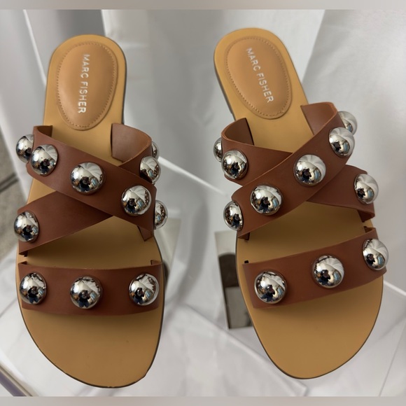 MARC FISHER Bryte Brown Straps with Silver Oversized Studs Slip On Sandal 8 1/2 - Picture 4 of 8